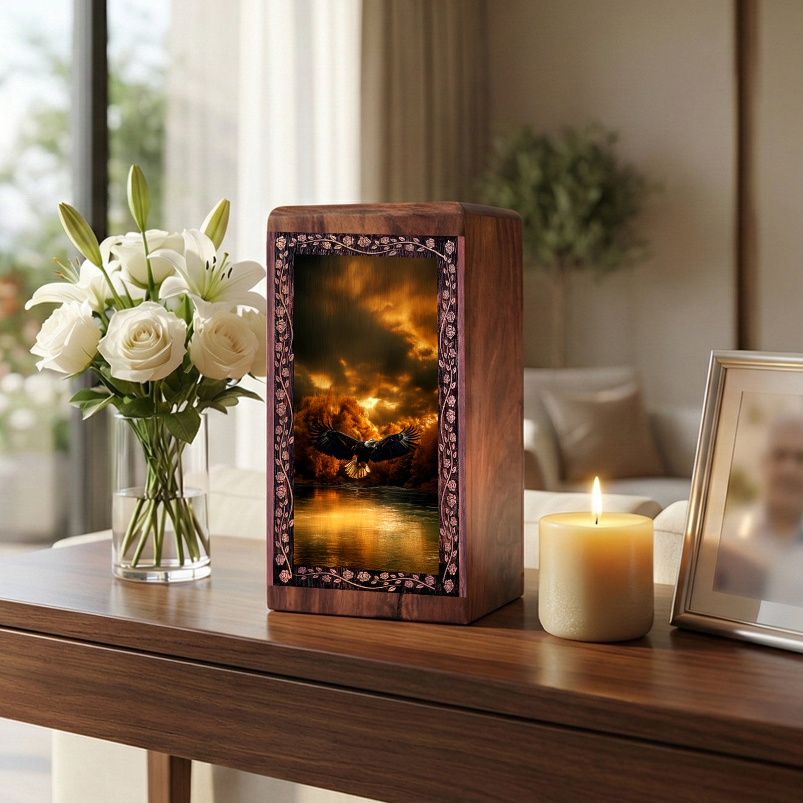 Eagle Sunset Wooden Urn For Human Ashes - Cremation Burial Box For Adult