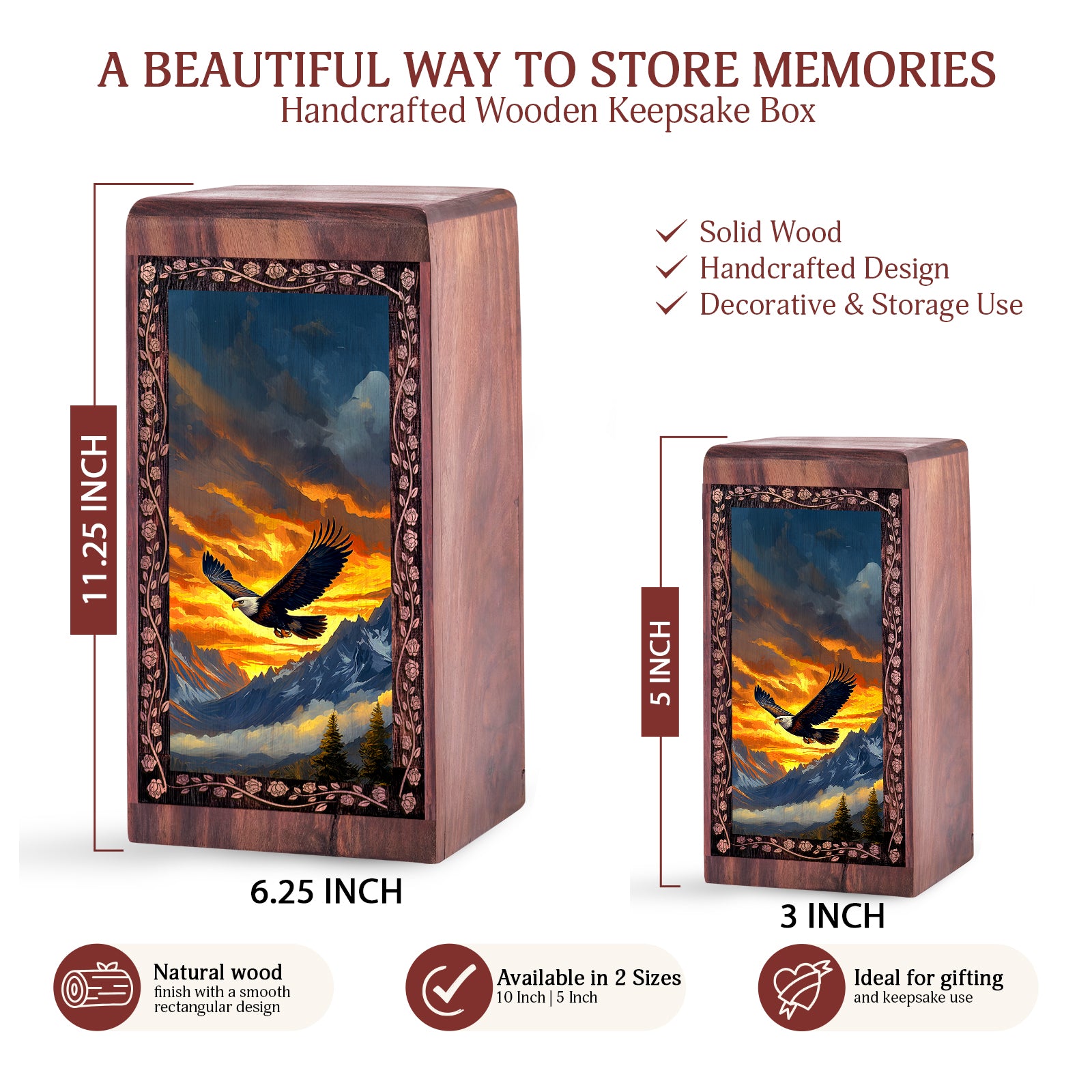 Bald Eagle Burial Urn For Adult Male & Female - Nature Themed Wooden Funeral Urns