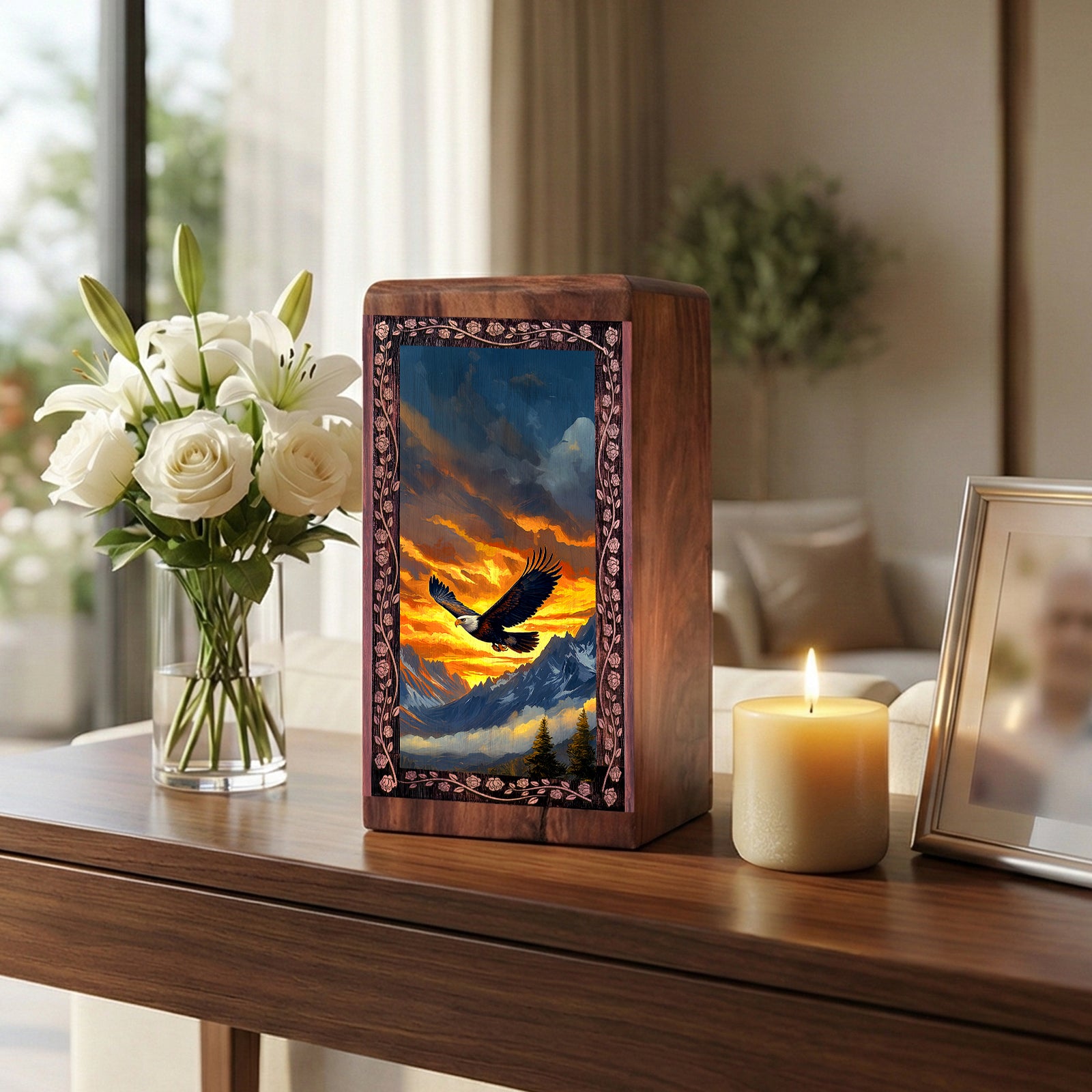 Eagle Mountain Burial Box - Sunset Theme Wooden Urn for Ashes Adult Male