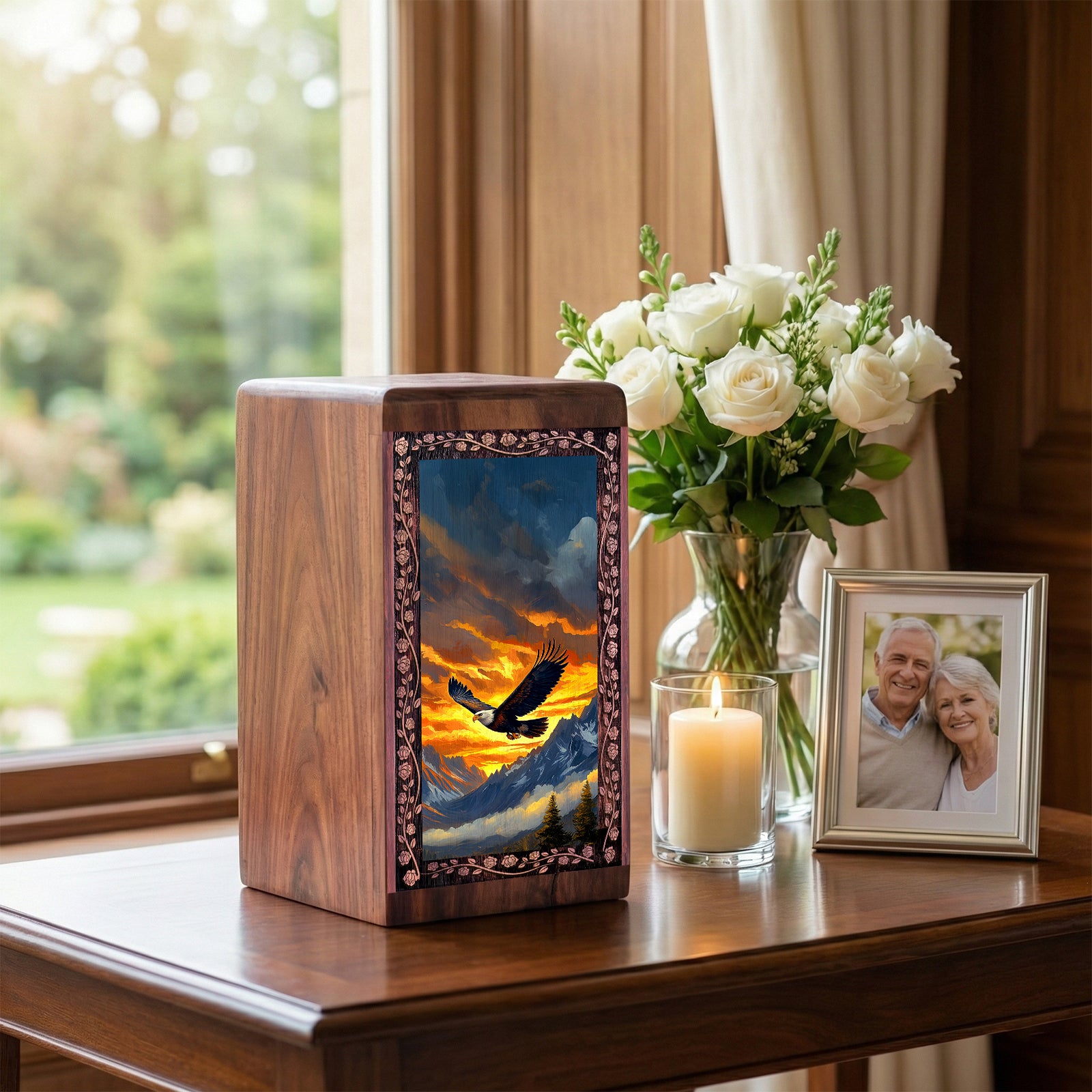 Bald Eagle Burial Urn For Adult Male & Female - Nature Themed Wooden Funeral Urns