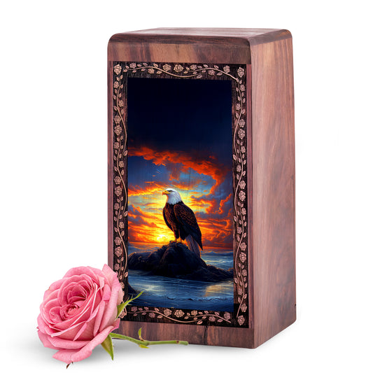 Large Eagle Wooden Urn for Adult Ashes - Perched Eagle Sunset Ocean Theme Urn