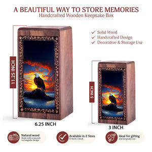 Perched Eagle Rosewood Box For Funeral - Human Ashes Box With Sunset Theme