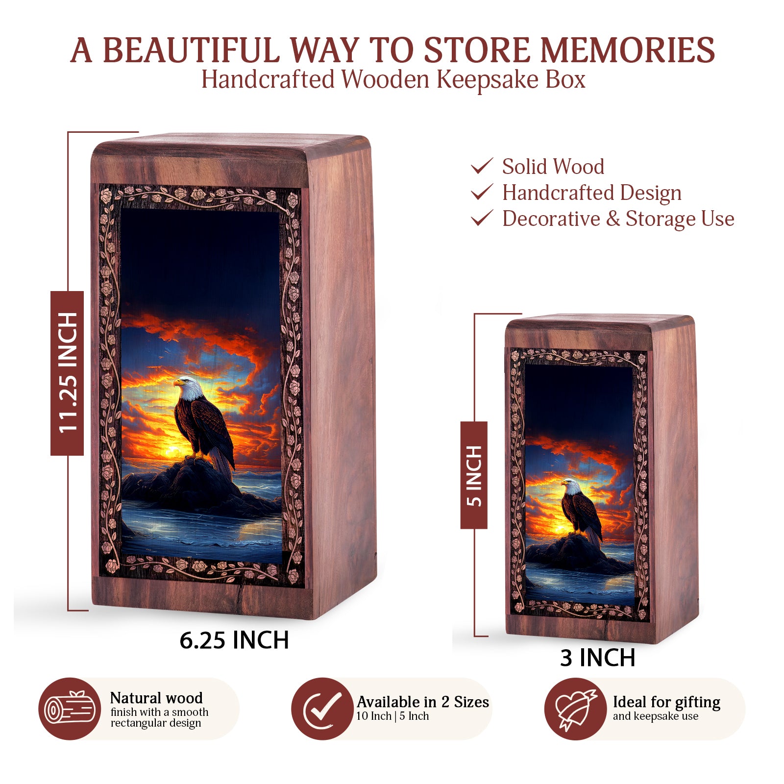 Perched Eagle Rosewood Box For Funeral - Human Ashes Box With Sunset Theme