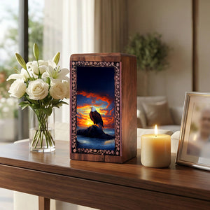 Perched Eagle Rosewood Box For Funeral - Human Ashes Box With Sunset Theme