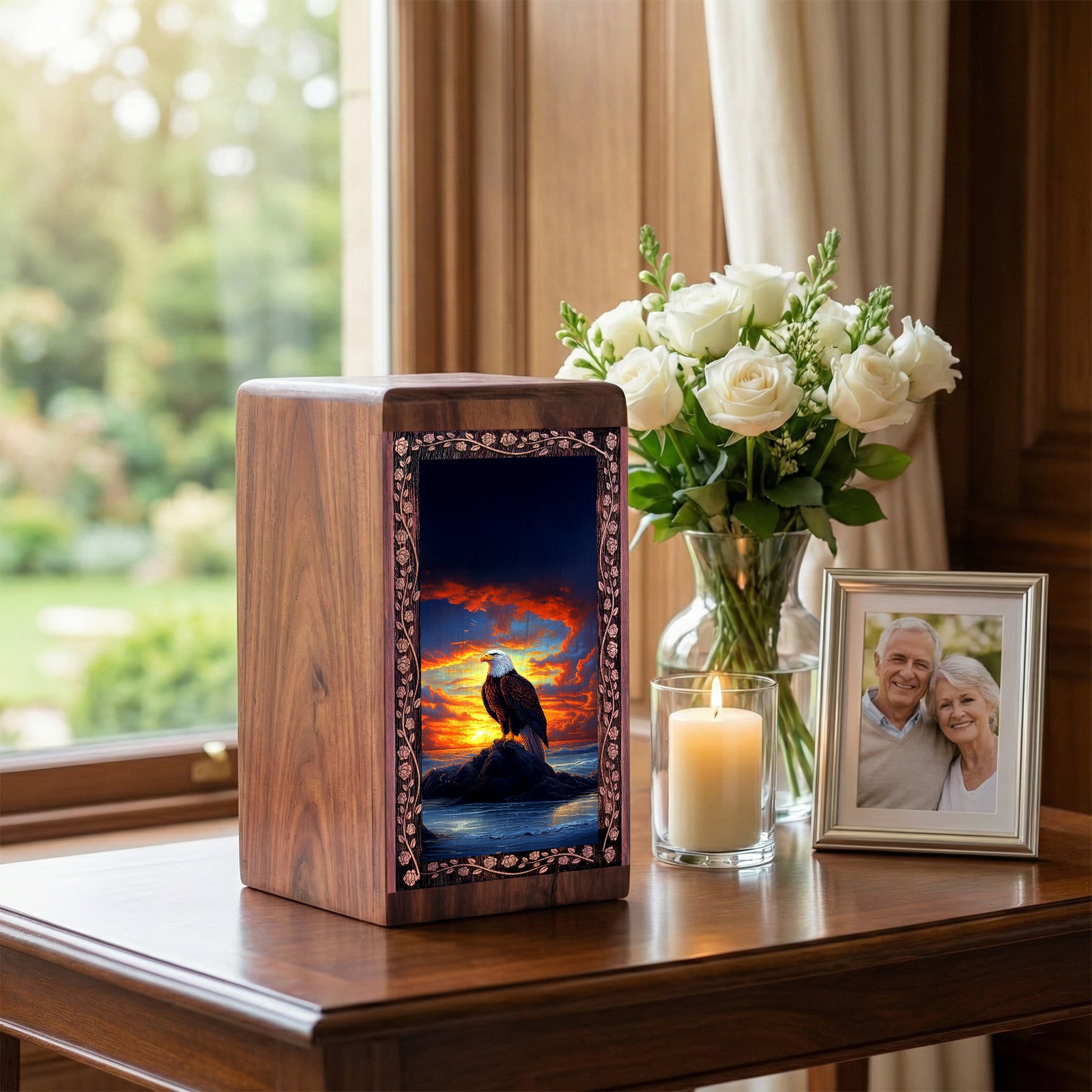 Perched Eagle Rosewood Box For Funeral - Human Ashes Box With Sunset Theme