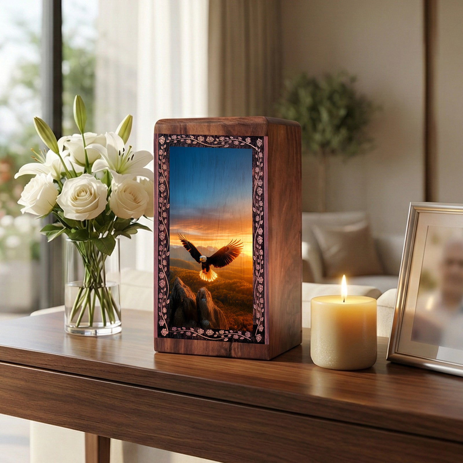 Eagle Cremation Urns Wooden Box - Atmospheric Lighting Theme Ashes Box