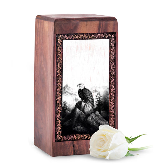 Black and White Eagle Wood Urn For Human Ashes - Rosewood Urn Burial Box