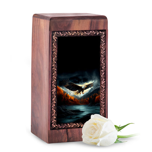 Large Wooden Urn for Adult Ashes - Flying Eagle & Autumn Theme Urn For Male