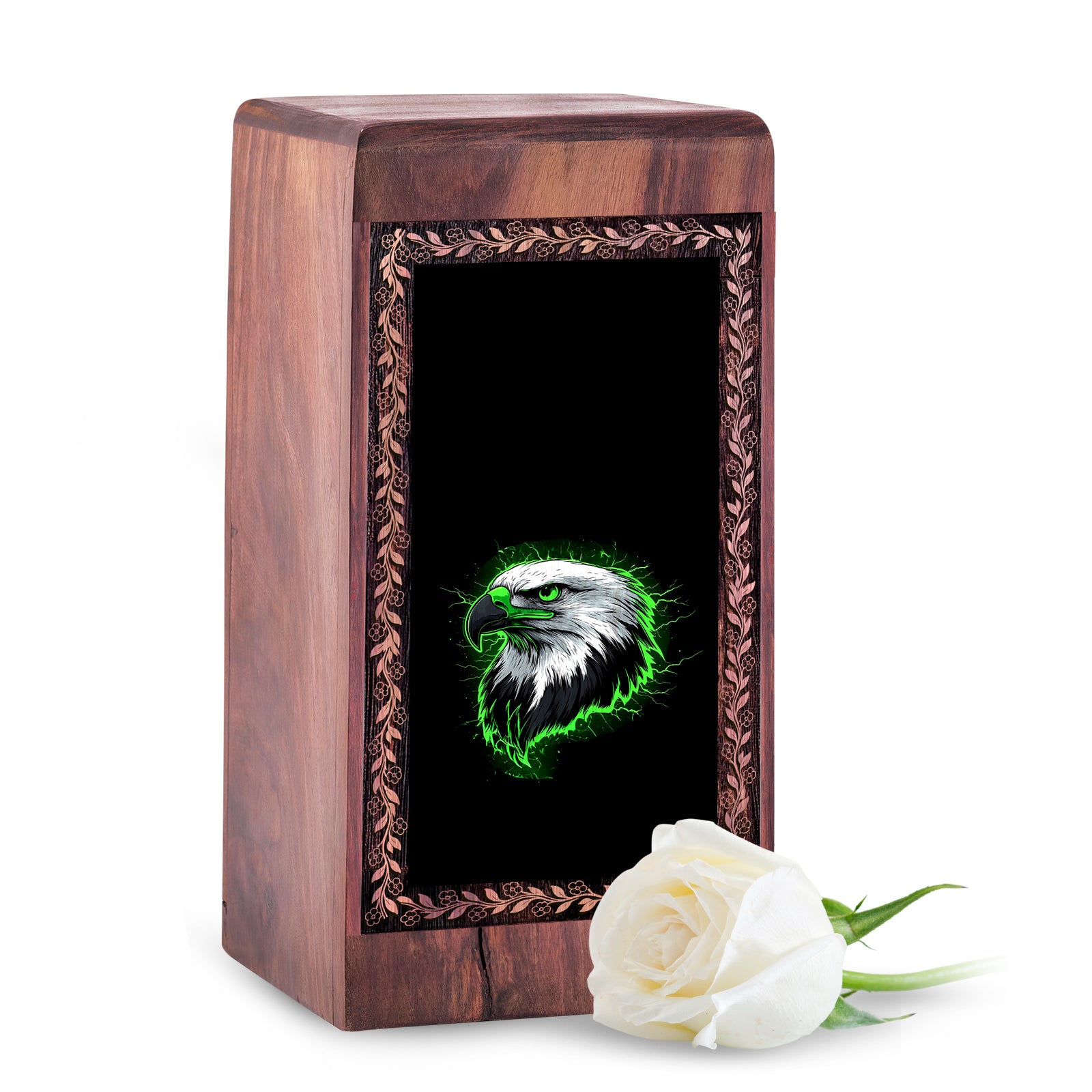 Perched Eagle Memorial Urn For Ashes - Neon Green Artistic Wooden Urn