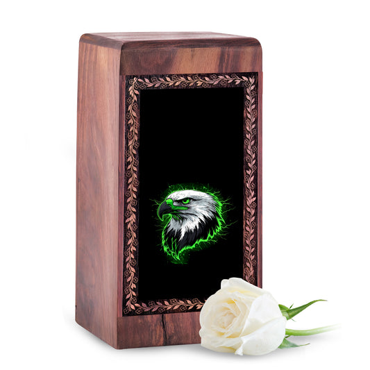 Perched Eagle Memorial Urn For Ashes - Neon Green Artistic Wooden Urn