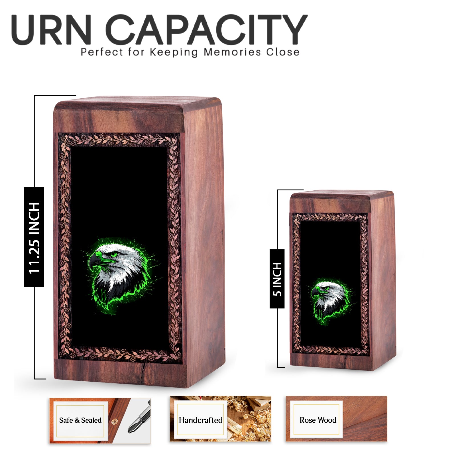 Perched Eagle Memorial Urn For Ashes - Neon Green Artistic Wooden Urn