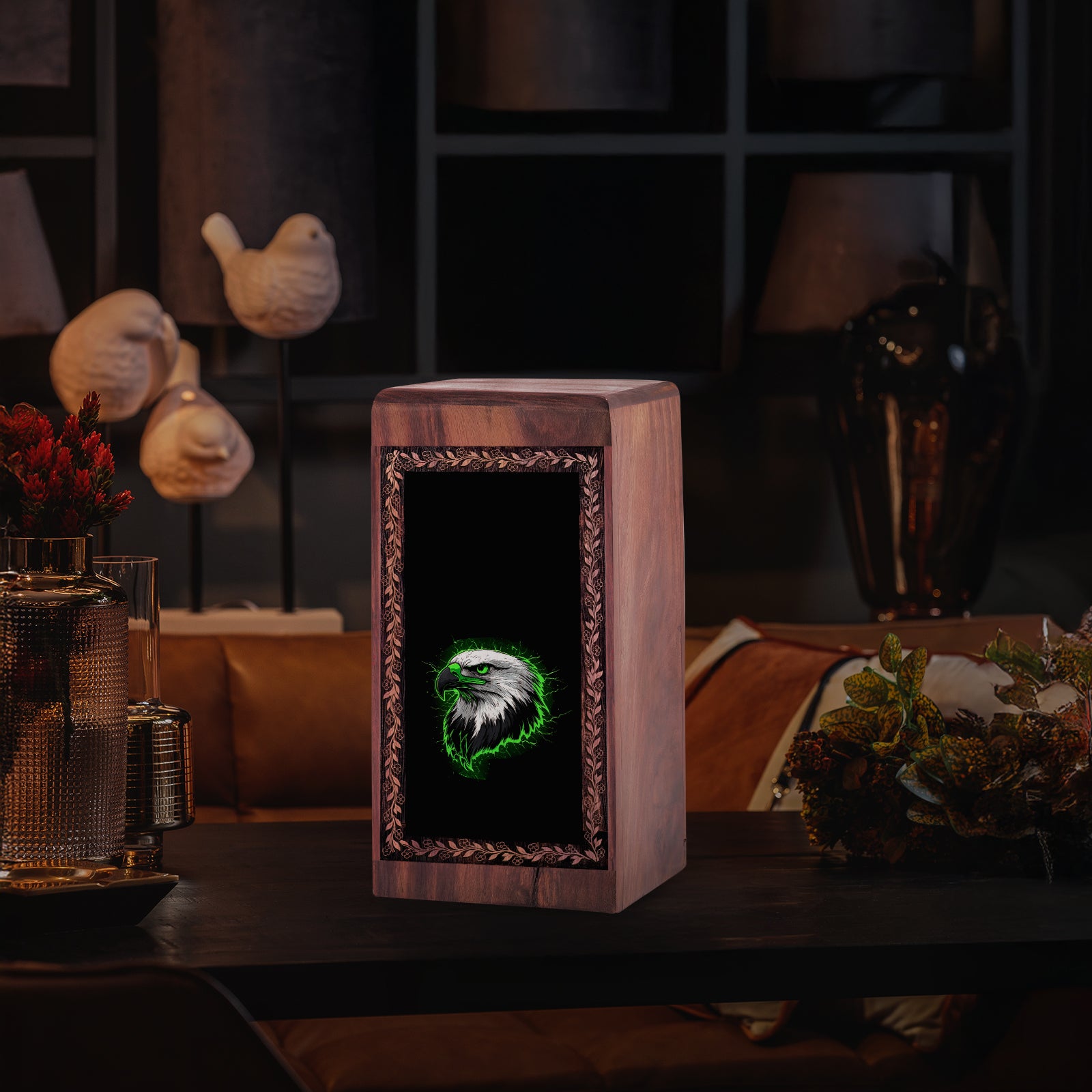 Perched Eagle Memorial Urn For Ashes - Neon Green Artistic Wooden Urn