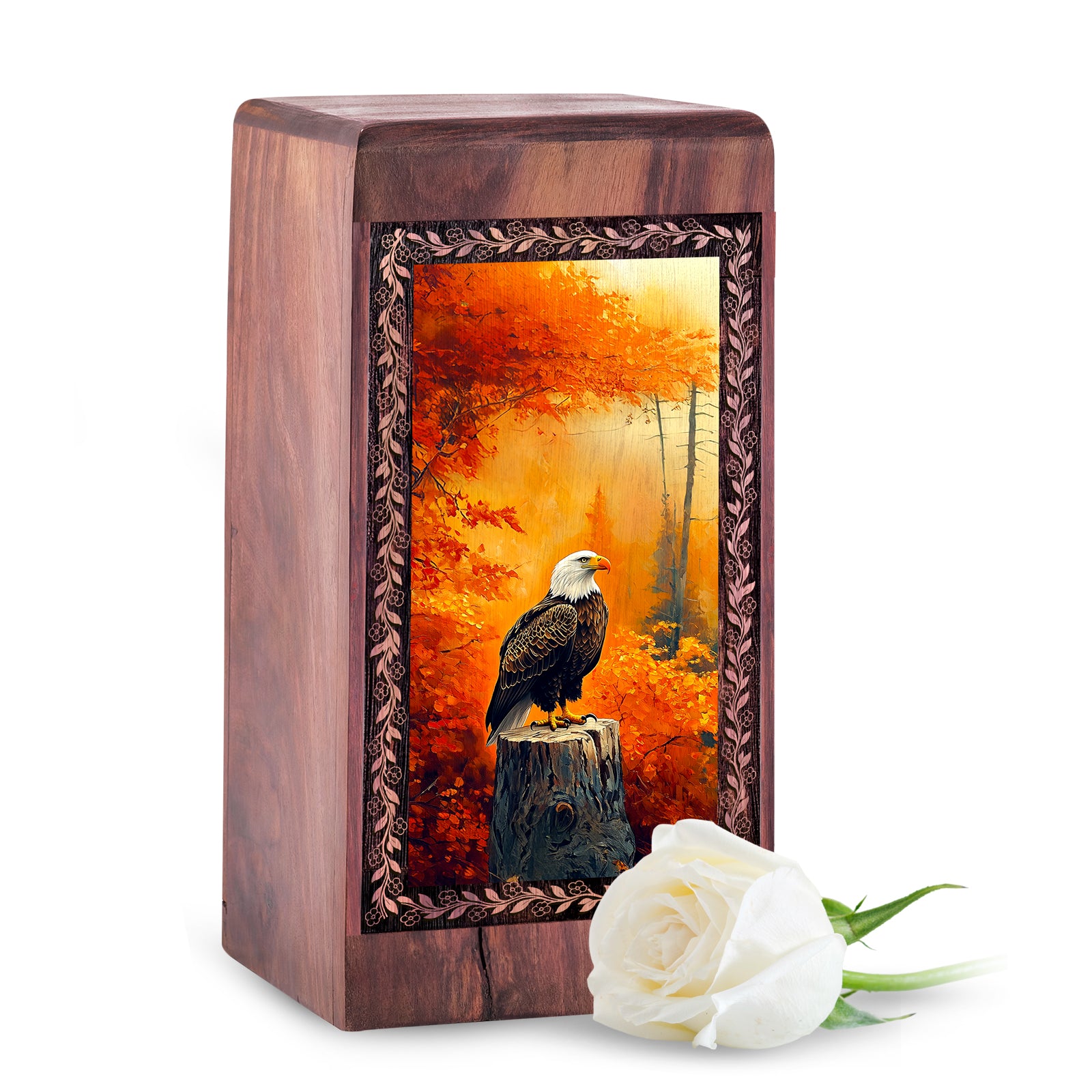 Autumn Forest Eagle Theme For Human Ashes - Wooden Cremation Urn For Ashes