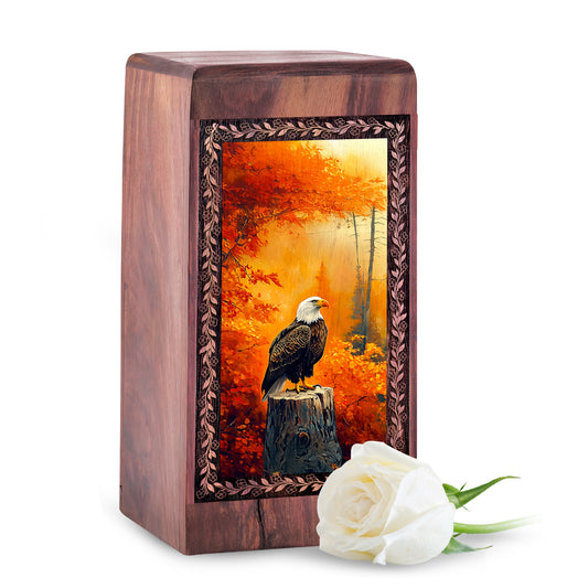 Autumn Forest Eagle Theme For Human Ashes - Wooden Cremation Urn For Ashes