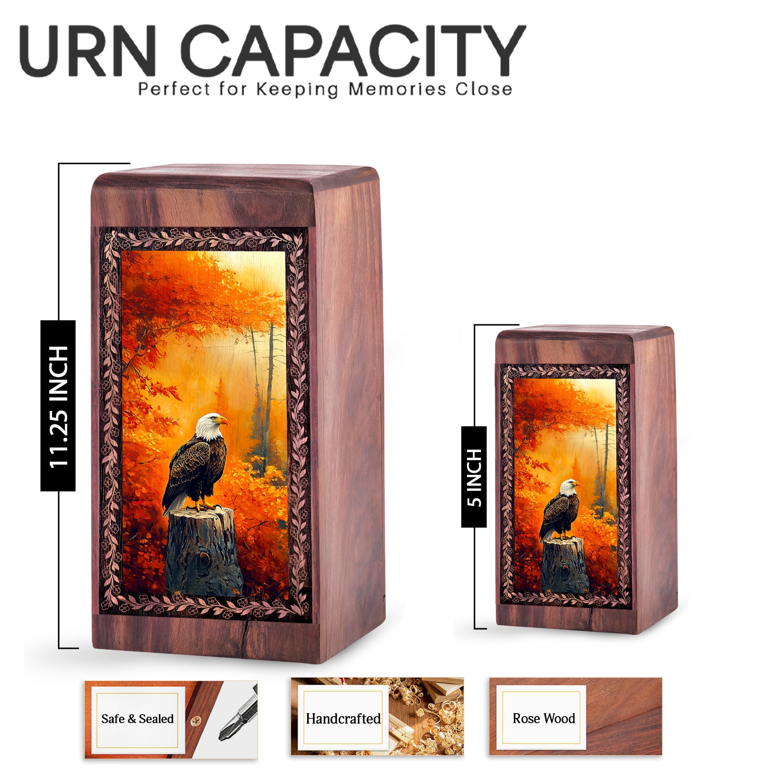 Autumn Forest Eagle Theme For Human Ashes - Wooden Cremation Urn For Ashes