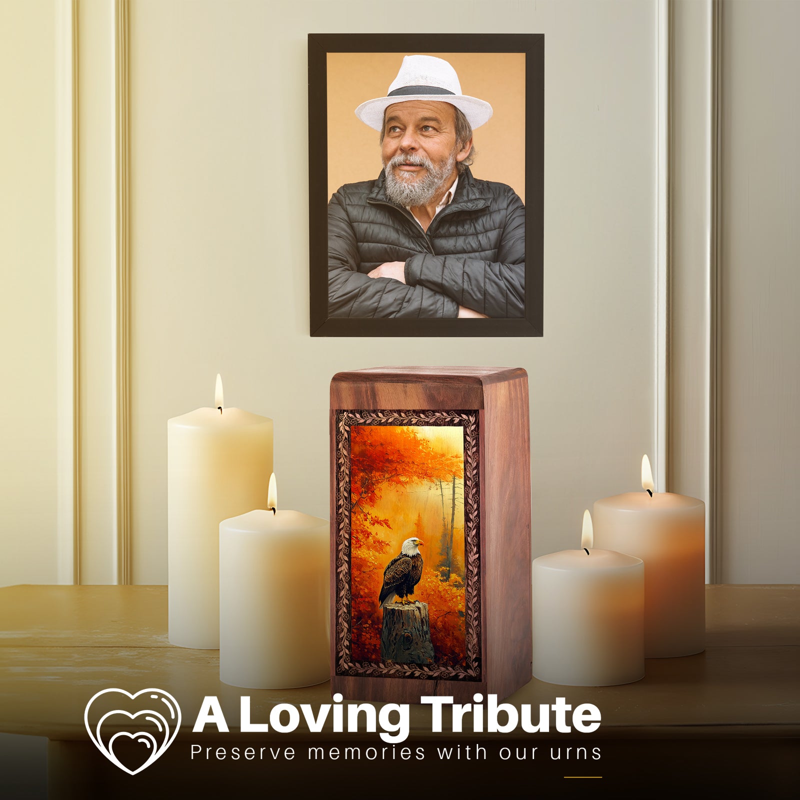 Autumn Forest Eagle Theme For Human Ashes - Wooden Cremation Urn For Ashes