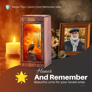 Autumn Forest Eagle Theme For Human Ashes - Wooden Cremation Urn For Ashes