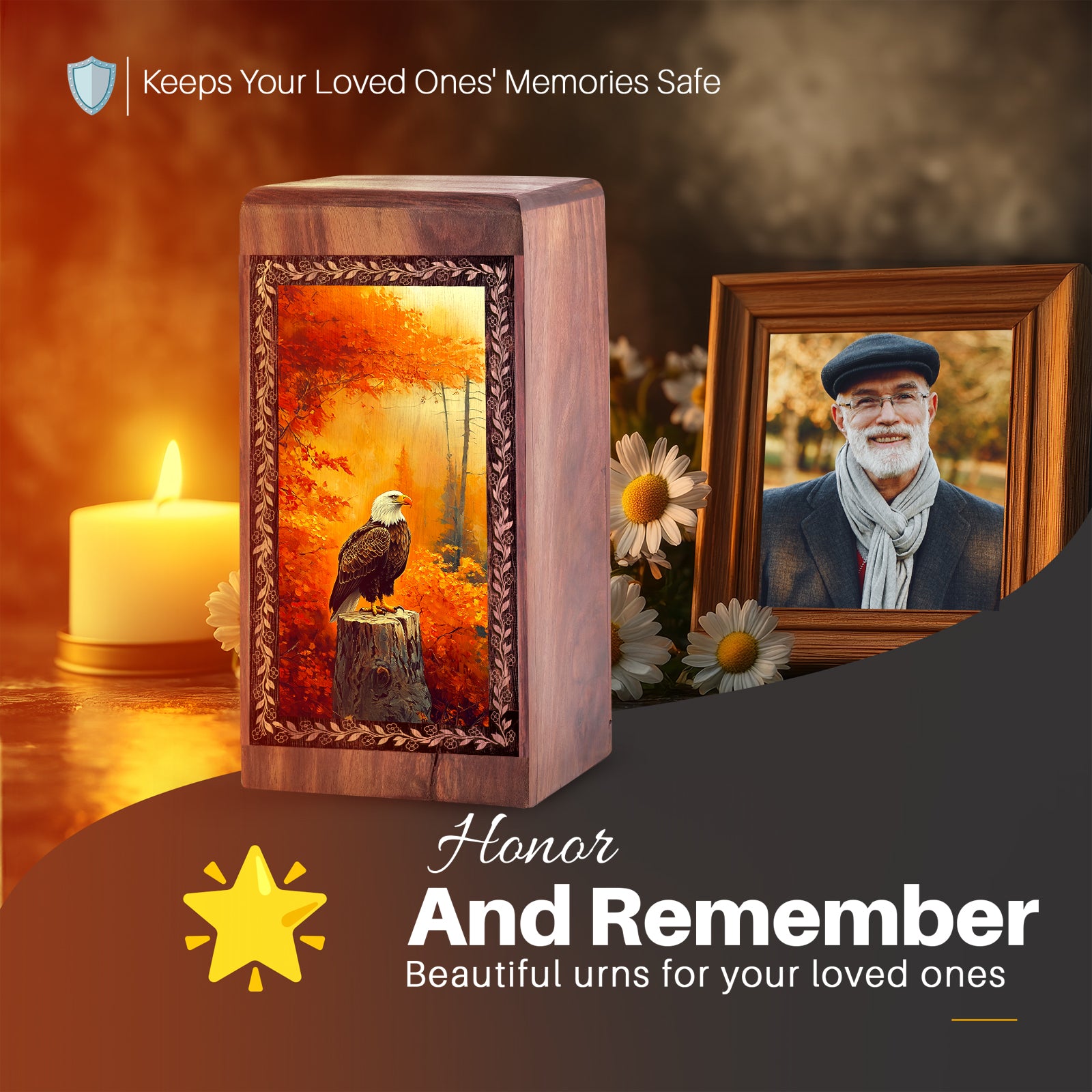 Autumn Forest Eagle Theme For Human Ashes - Wooden Cremation Urn For Ashes