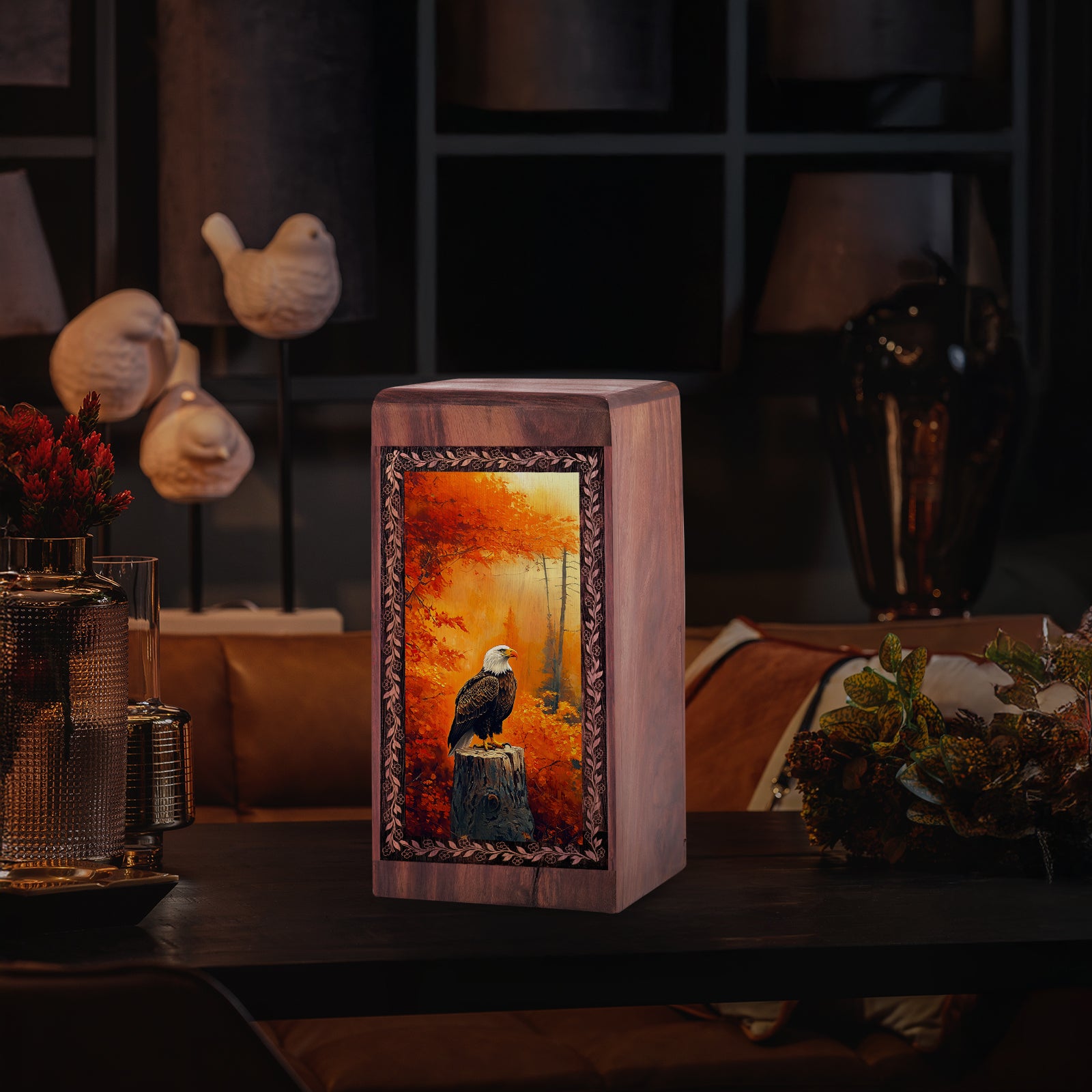 Autumn Forest Eagle Theme For Human Ashes - Wooden Cremation Urn For Ashes