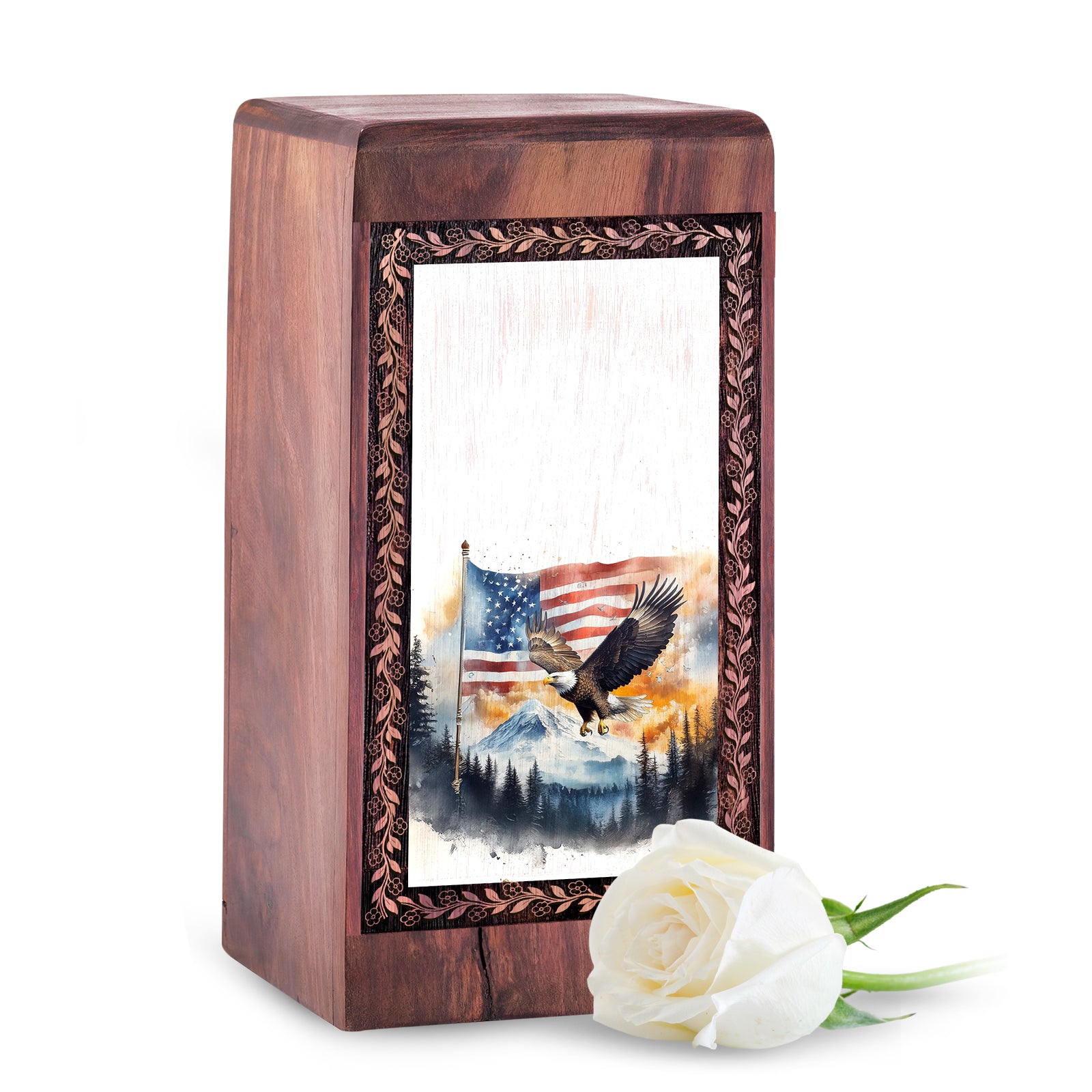 Patriotic Eagle Wood Urn for Human Ashes - US Flag Mountain Burial Box