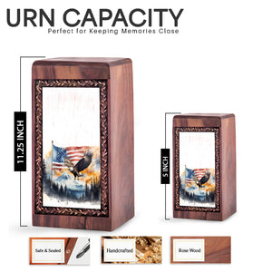 Patriotic Eagle Wood Urn for Human Ashes - US Flag Mountain Burial Box