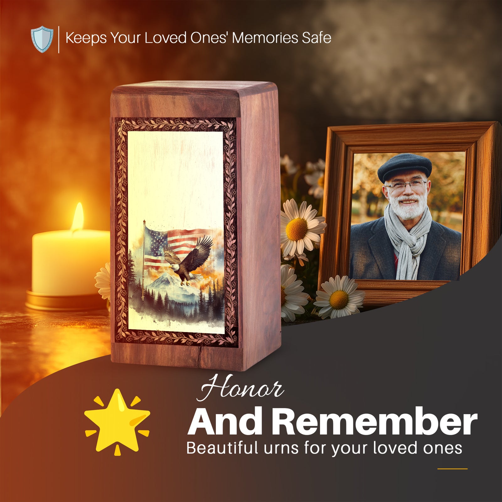 Patriotic Eagle Wood Urn for Human Ashes - US Flag Mountain Burial Box