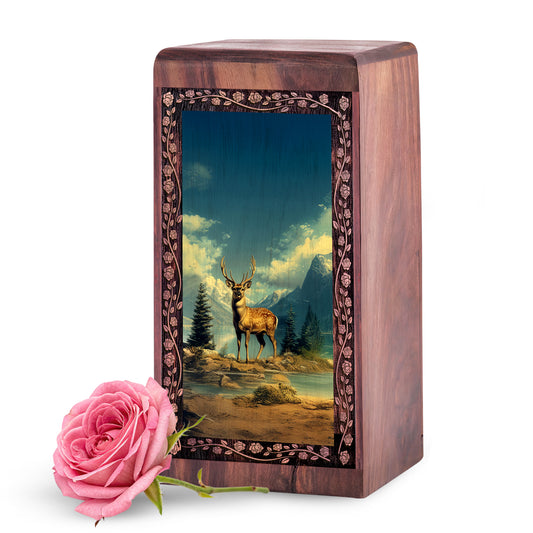 Deer Nature Wood Urn for Human Ashes - Mountain Lake Wooden Box Keepsake