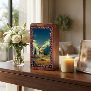 Deer Nature Wood Urn for Human Ashes - Mountain Lake Wooden Box Keepsake