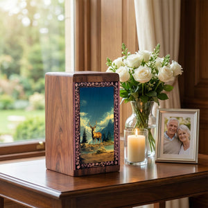 Deer Nature Wood Urn for Human Ashes - Mountain Lake Wooden Box Keepsake