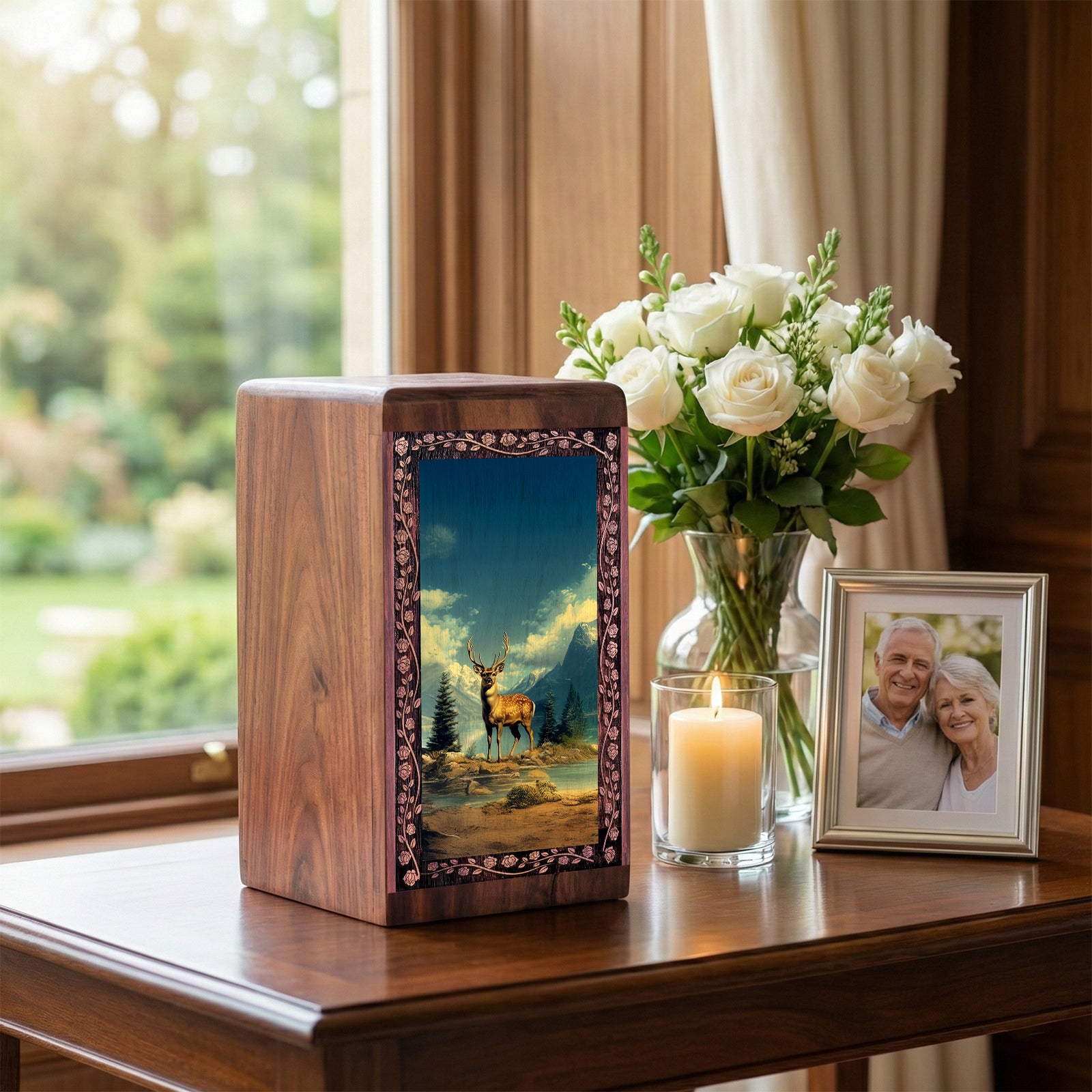 Deer Nature Wood Urn for Human Ashes - Mountain Lake Wooden Box Keepsake