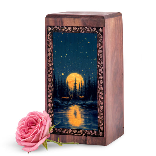 Full Moon Deer Wood Urn for Human Ashes - Handmade Nature Burial Box For Ashes