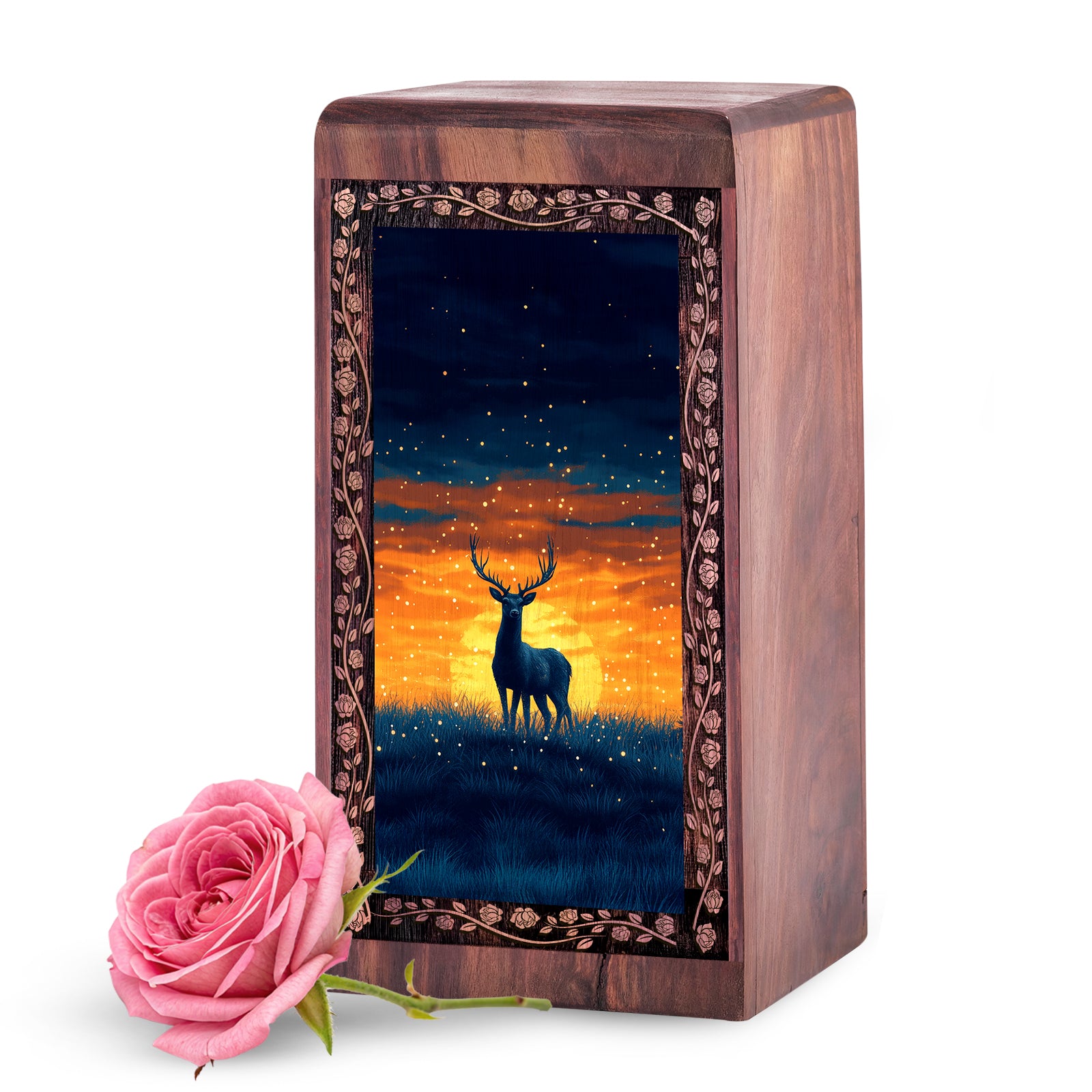 Sunset Deer Wood Urn for Human Ashes - Nature Scene Cremation Box For Man