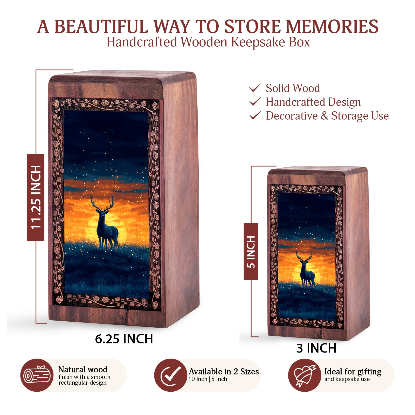 Sunset Deer Wood Urn for Human Ashes - Nature Scene Cremation Box For Man