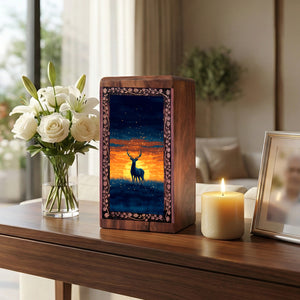 Sunset Deer Wood Urn for Human Ashes - Nature Scene Cremation Box For Man