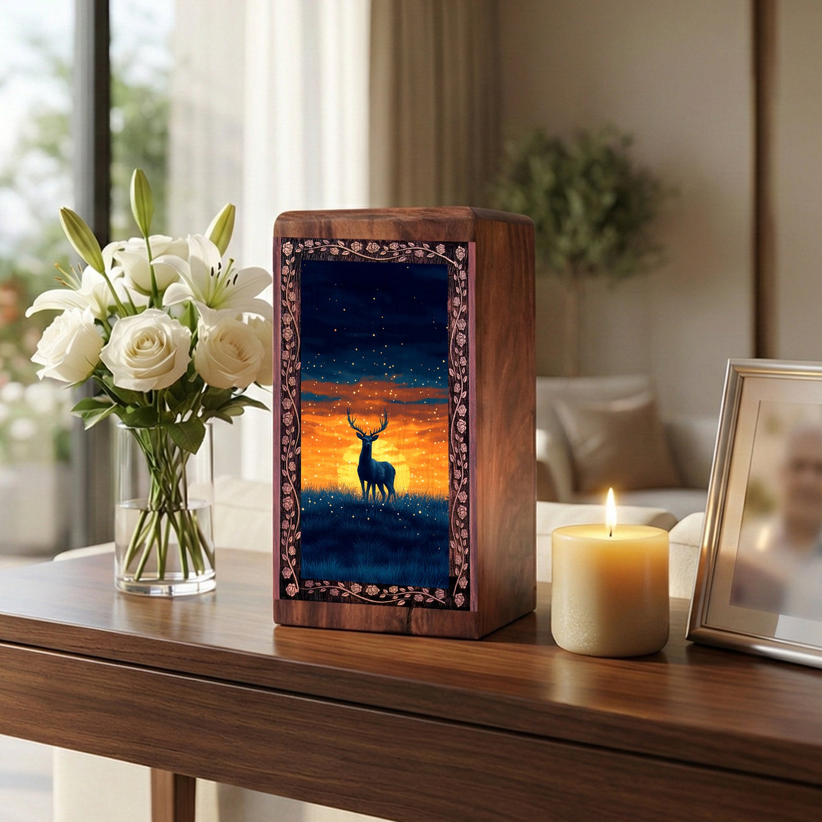 Sunset Deer Wood Urn for Human Ashes - Nature Scene Cremation Box For Man
