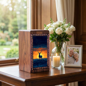 Sunset Deer Wood Urn for Human Ashes - Nature Scene Cremation Box For Man