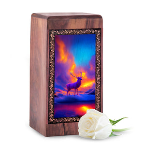 Snowy Mountain Deer Wood Urn For Human Ashes - Handmade Burial Urn For Adults Male
