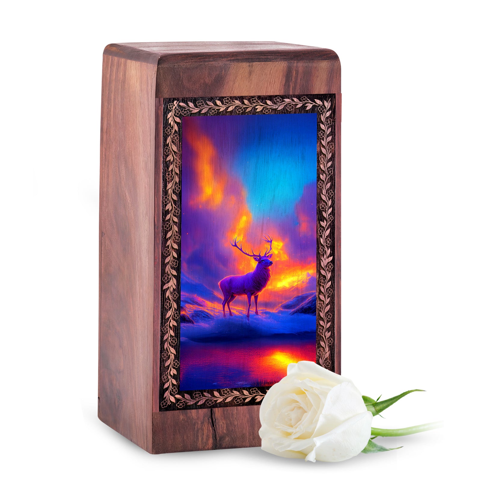 Snowy Mountain Deer Wood Urn For Human Ashes - Handmade Burial Urn For Adults Male