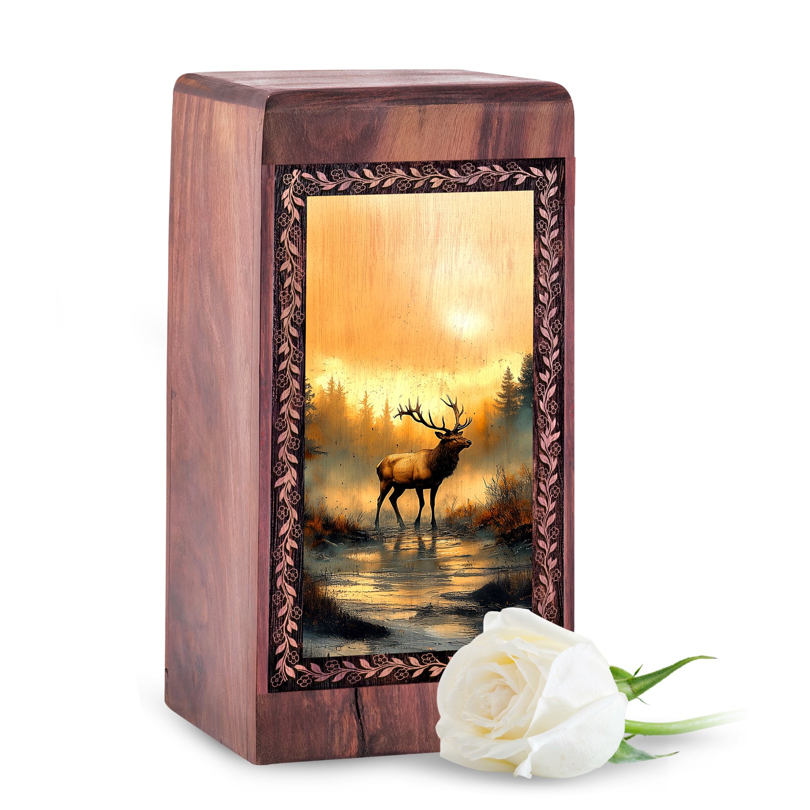 Golden Forest Deer Wood Urn - Burial Urn for Human Ashes Adult Male
