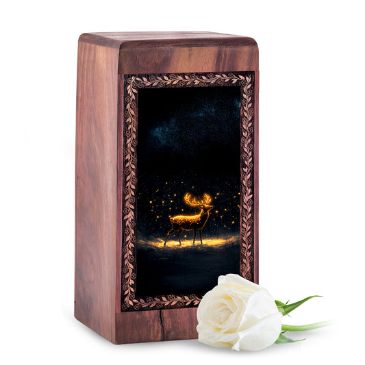 Golden Light Deer Wood Cremation Urn - Urn Box Adult Male Ashes