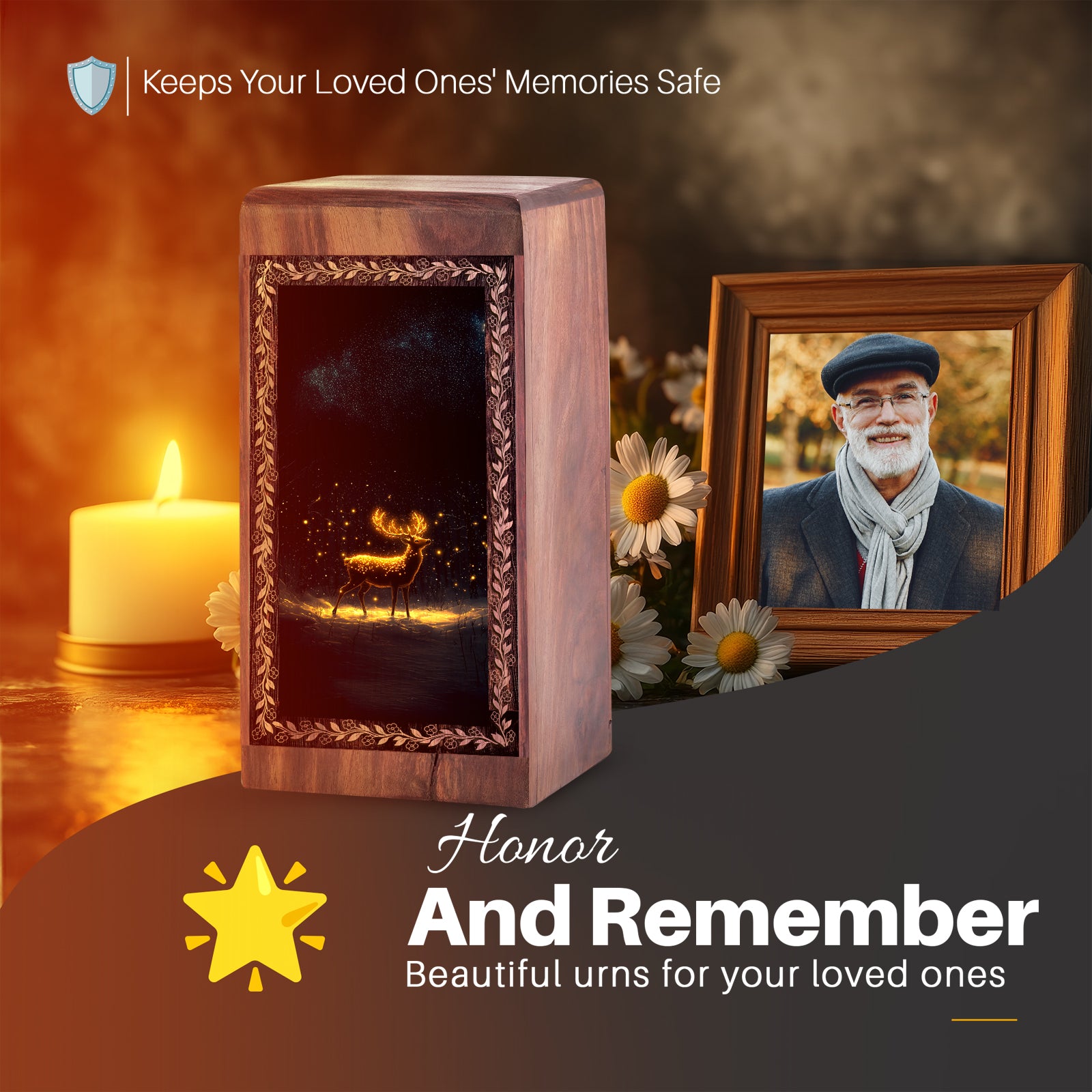 Golden Light Deer Wood Cremation Urn - Urn Box Adult Male Ashes