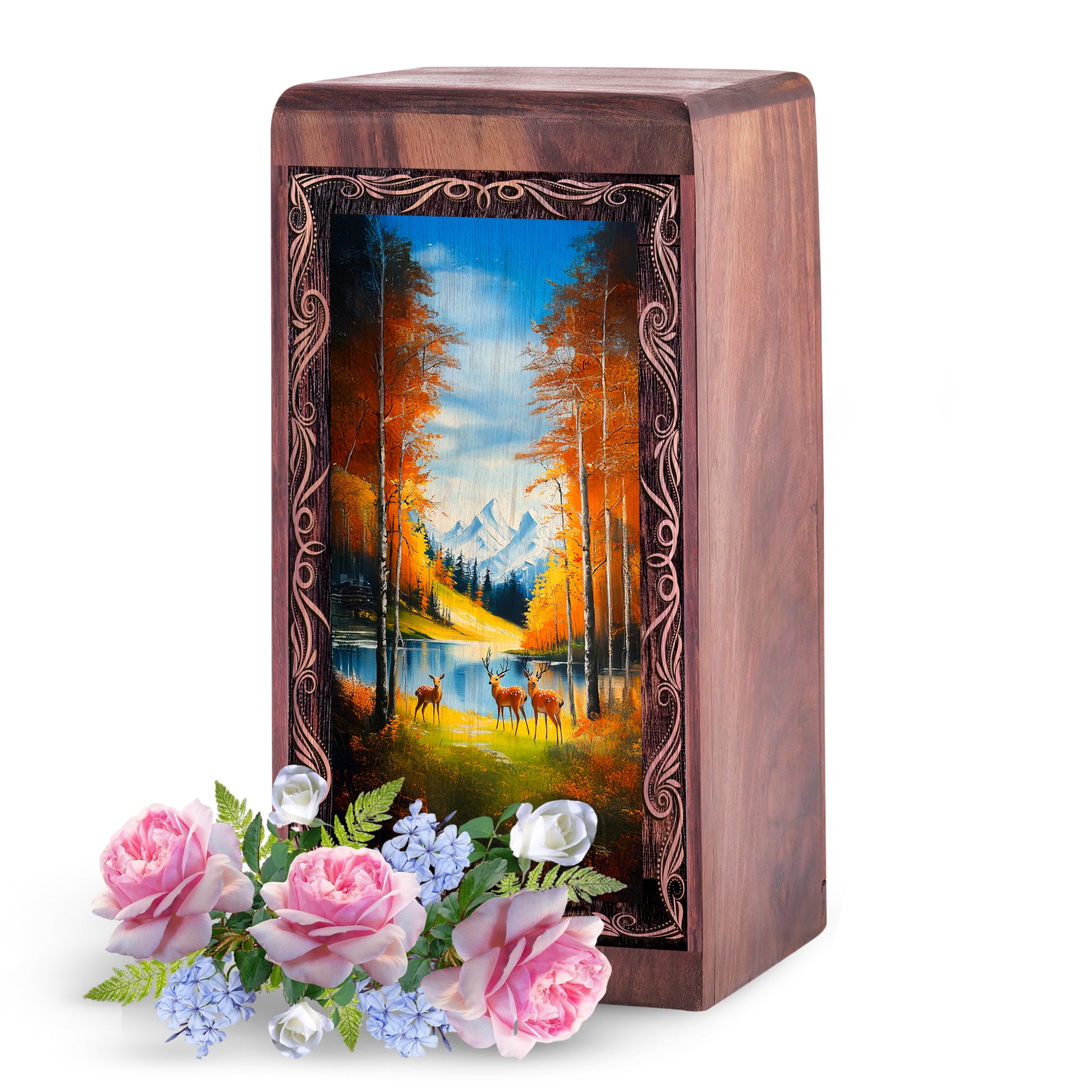 Autumn Forest Deer Urn Box - Wooden Cremation Urn Adult Male