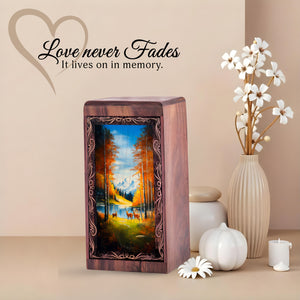 Autumn Forest Deer Urn Box - Wooden Cremation Urn Adult Male