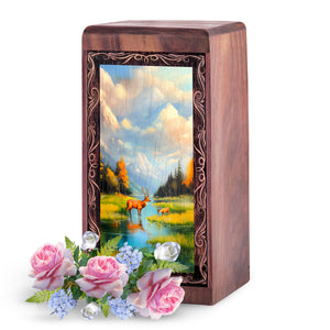 Lake Forest Theme Deer Urn Box - Wooden Keepsake Cremation Urns