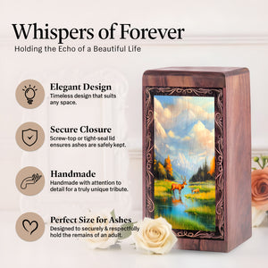 Lake Forest Theme Deer Urn Box - Wooden Keepsake Cremation Urns