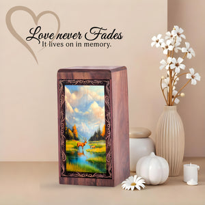 Lake Forest Theme Deer Urn Box - Wooden Keepsake Cremation Urns