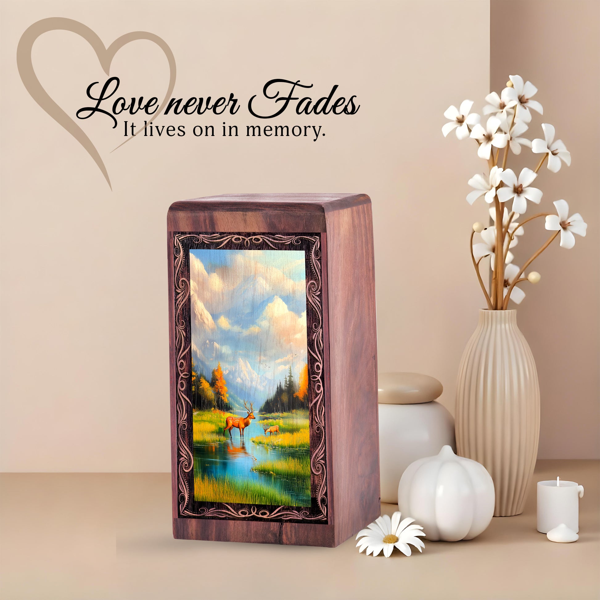 Lake Forest Theme Deer Urn Box - Wooden Keepsake Cremation Urns