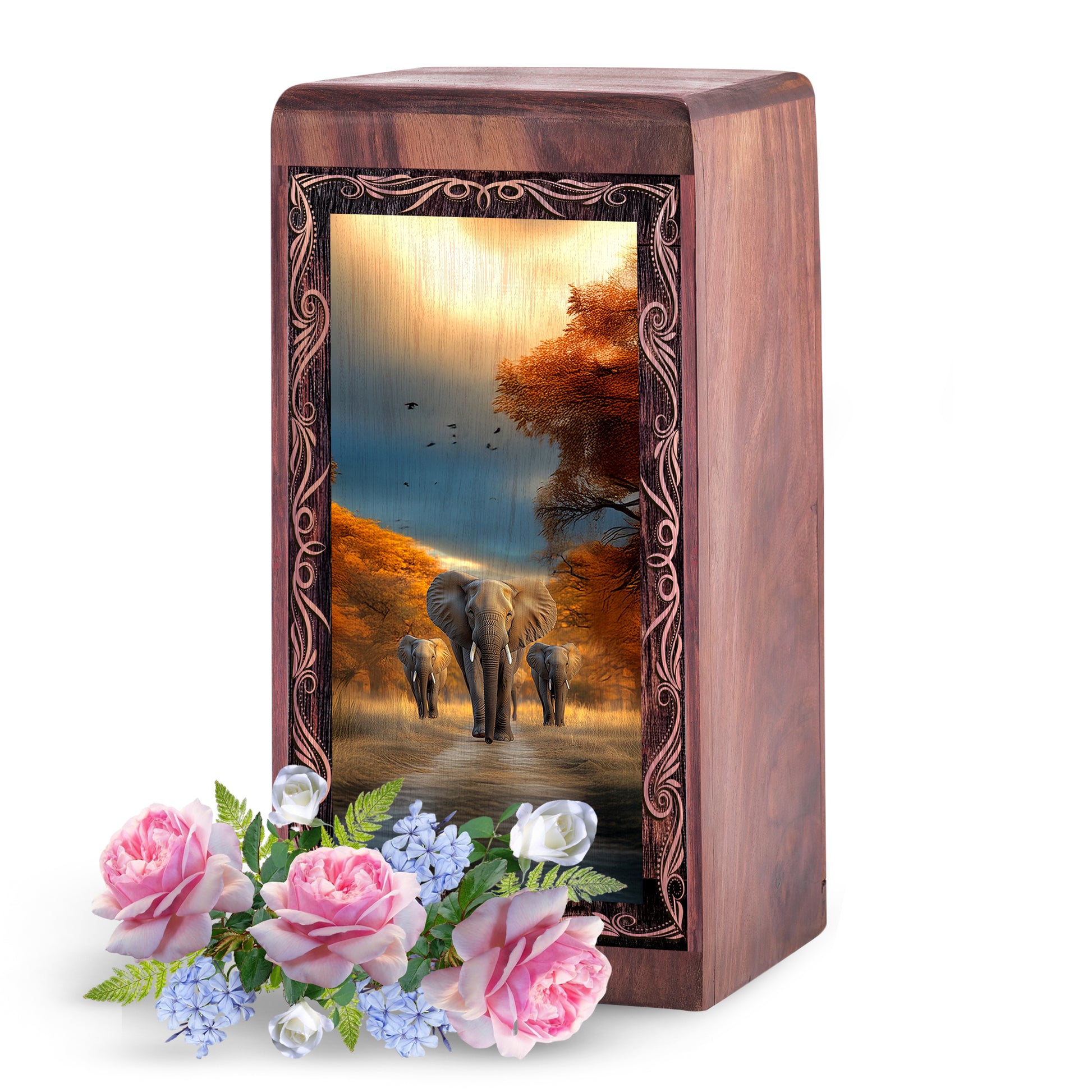 Wildlife Elephant Memorial Cremation Urn - Wooden Keepsake Urn Box For Adults