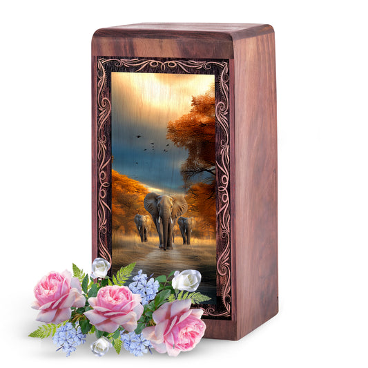 Wildlife Elephant Memorial Cremation Urn - Wooden Keepsake Urn Box For Adults