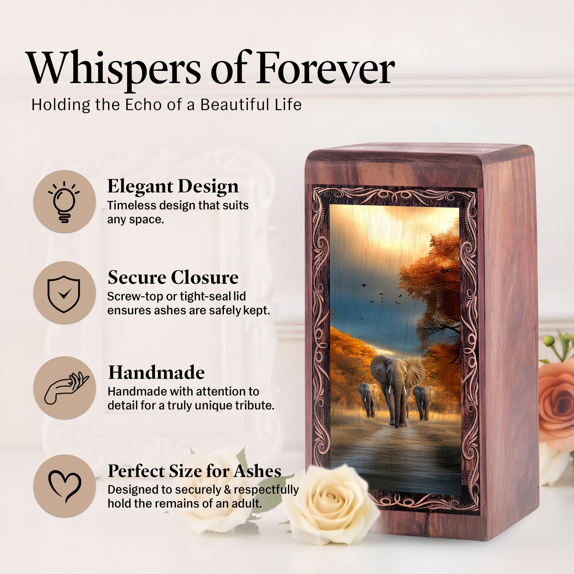 Wildlife Elephant Memorial Cremation Urn - Wooden Keepsake Urn Box For Adults
